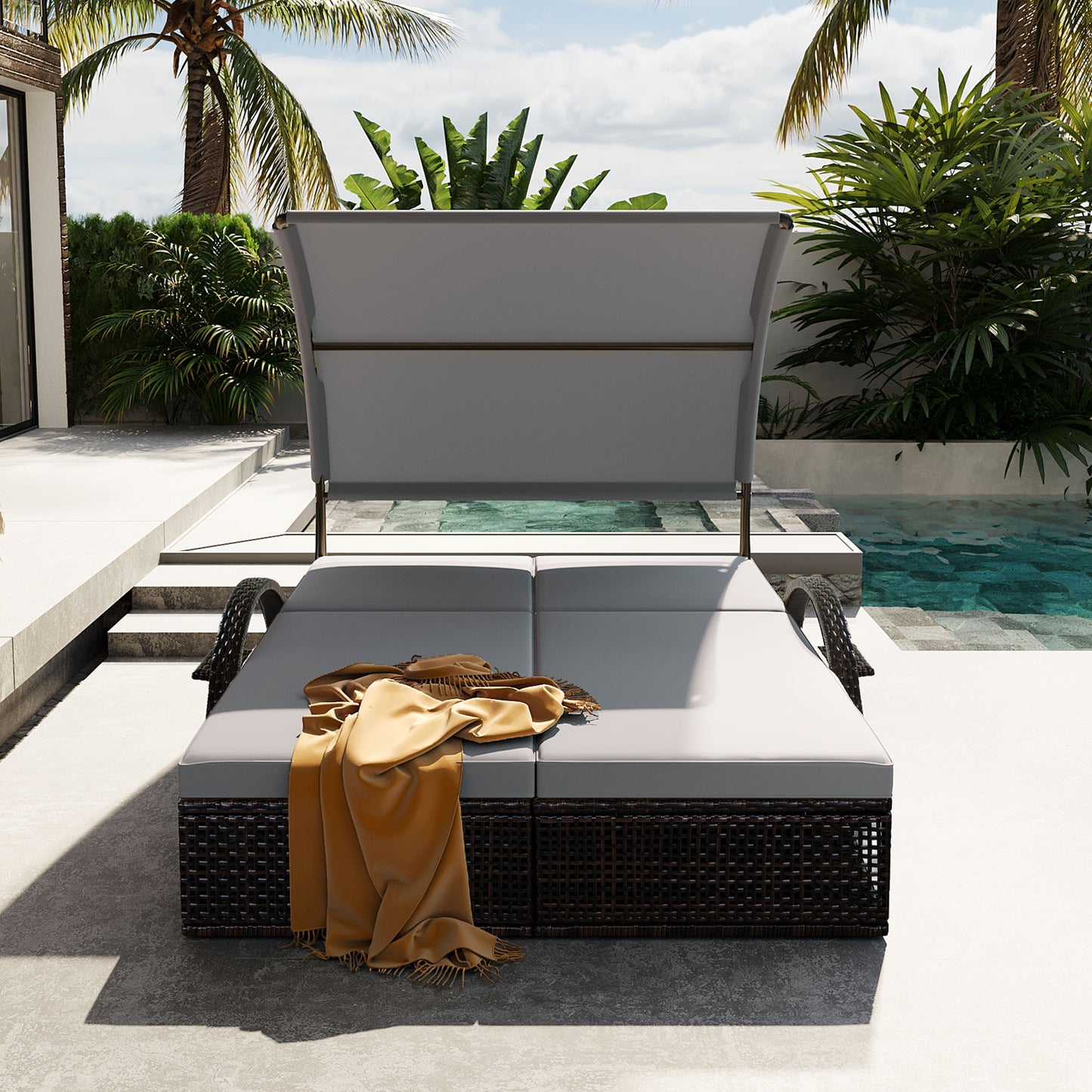 U_STYLE Outdoor Steel Frame Sun Lounger with Adjustable Backrest,Patio Double Sunbed with Hidden Side Table and Arched Armrests,Suitable for Patio Pool Deck,Garden,Backyard image 2