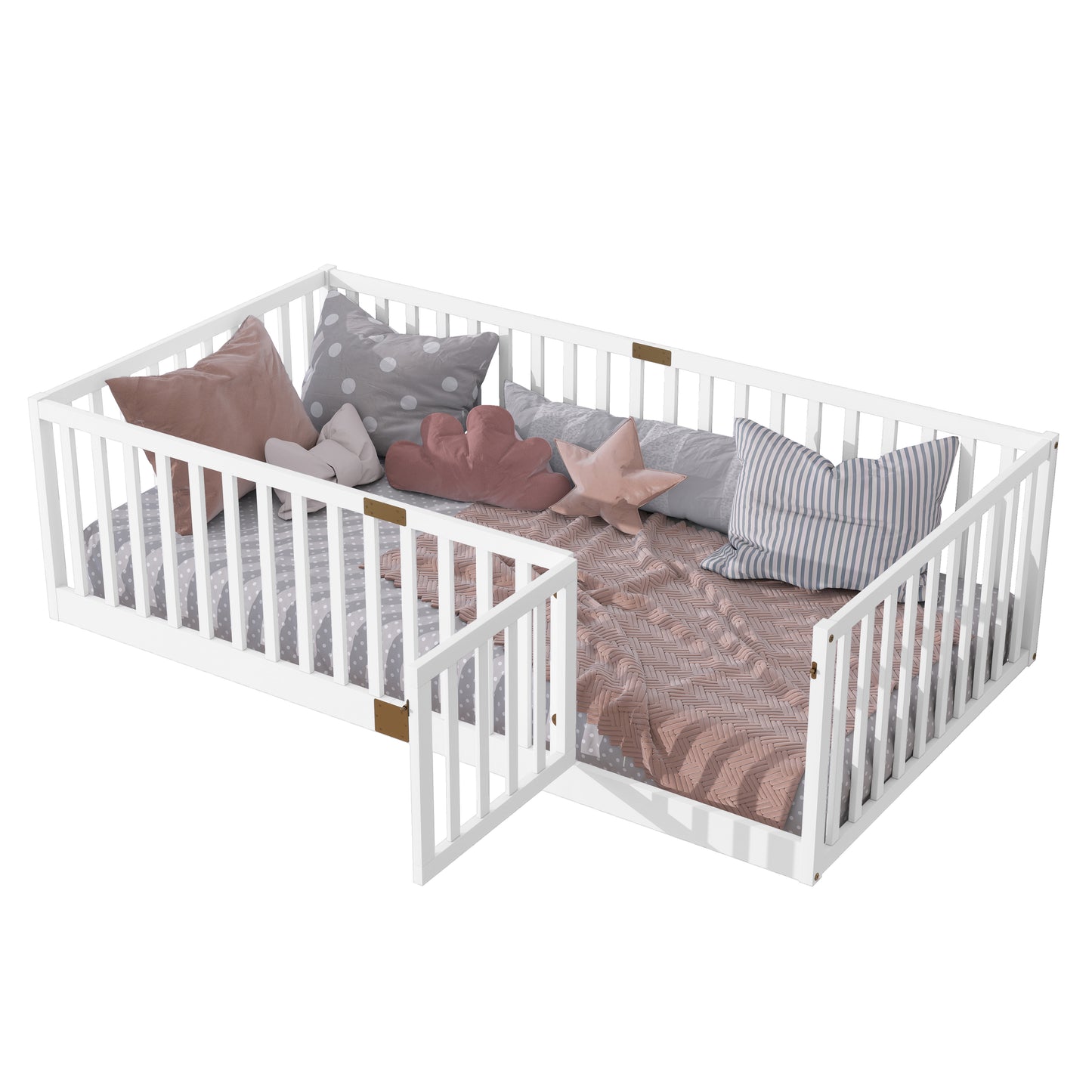 Twin Size Floor Bed with High Fence Railings, with Door, Rubber Wood Floor Bed with Safety Guardrails,White (Old Sku W504P287652) image 7