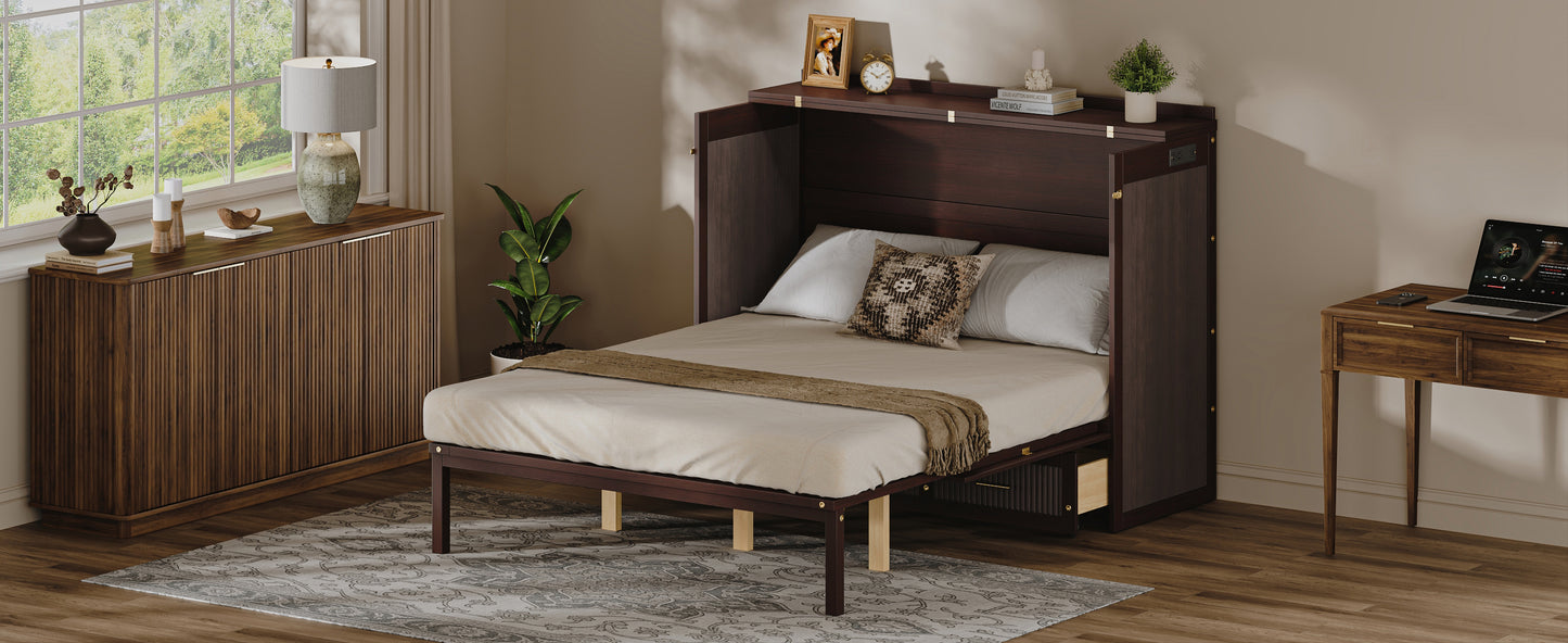 Multifunctional Murphy Bed Cabinet with USB Charging Station, Queen Size Vertical Foldaway Bed with Drawers, Space Saving Hidden Wall Bed with Safety Lock & Anti-Tip Device, Coffee. image 11