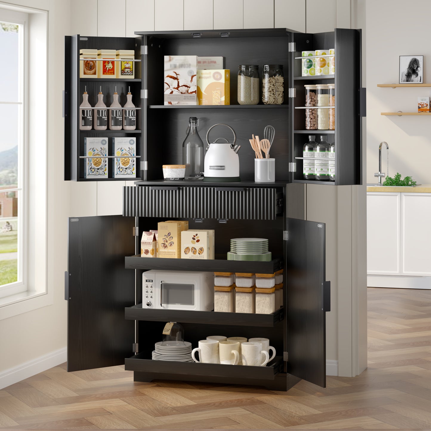 72" Fluted Kitchen Pantry Cabinet with 3 Keyboard Drawers & 6 Door Shelves Adjustable, Freestanding Cupboard Storage Cabinet for for Bathroom Dining Room, Office, Entryway, Black image 3