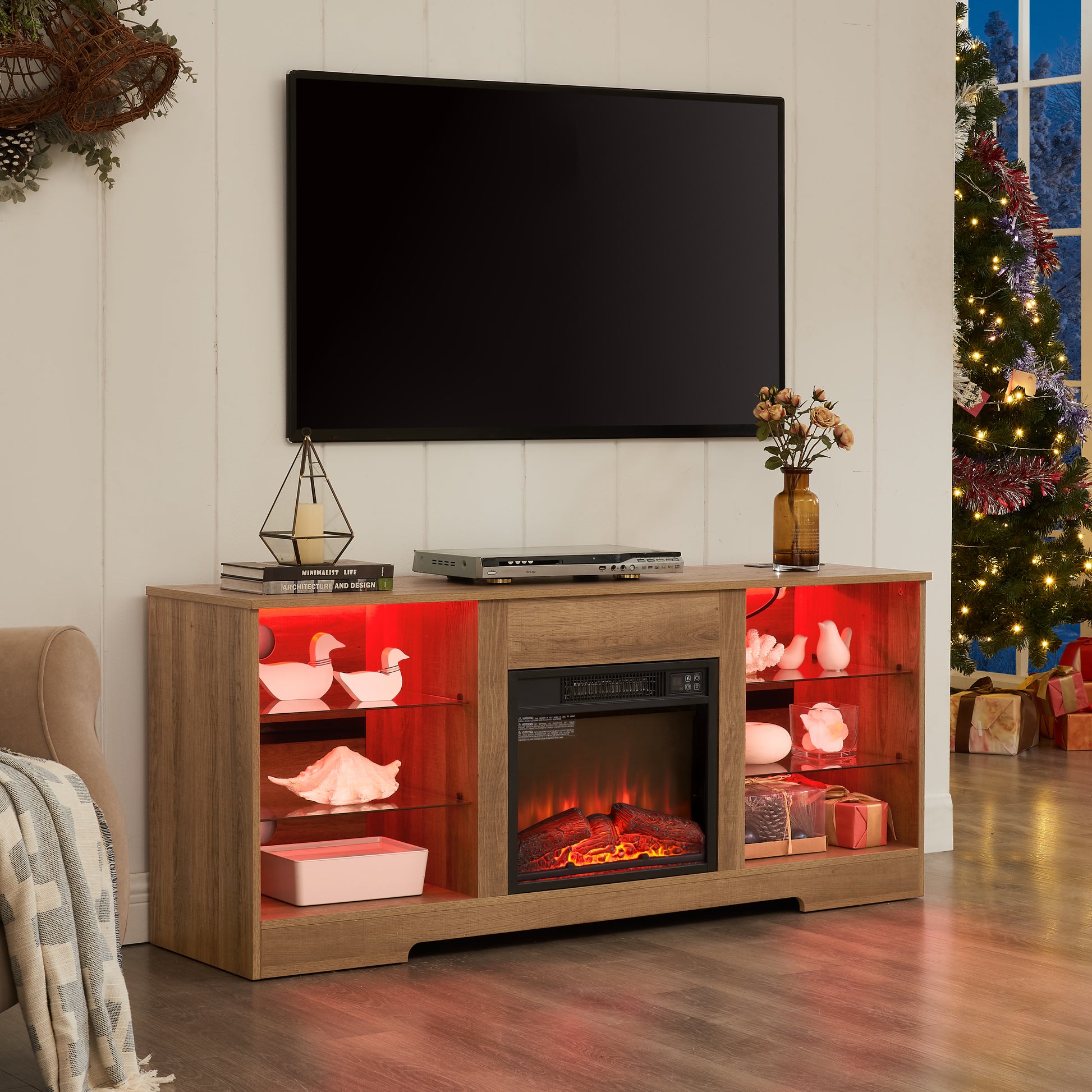TV Stand Electric Fireplace TV Stand with Glass Shelves, 3D Fireplace TV Stand with LED Lights Wood with USB Charging Outlet Modern Television Table Center for TV up to 32-62" OAK 58'W*15.4''D*24.6 image 5