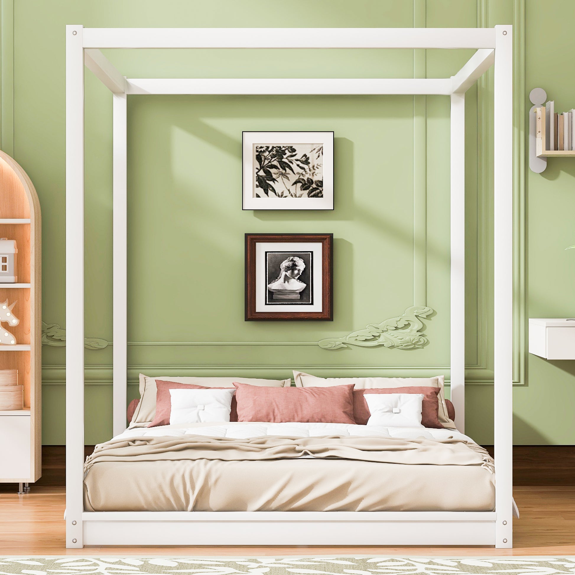 Queen Size Canopy Platform Bed with Support Legs,White image 3
