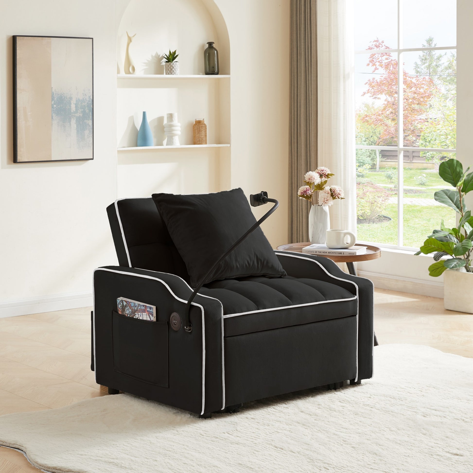 Sleeper Sofa Chair Bed, 3 In 1 Convertible Sofa Chair With With Adjustable Backrest & Phone Holder & USB, Type-C, Adjustable Recliner, Armchair For Living Room Bedroom Apartment Small Space, Black image 7