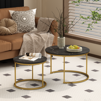 27.6in Nesting Coffee Table Set of 2, Round Coffee Table Wood Marble Pattern Top with Sturdy Metal Frame, End Table Side Tables for Living Room Bedroom Balcony Yard (Black) image 1