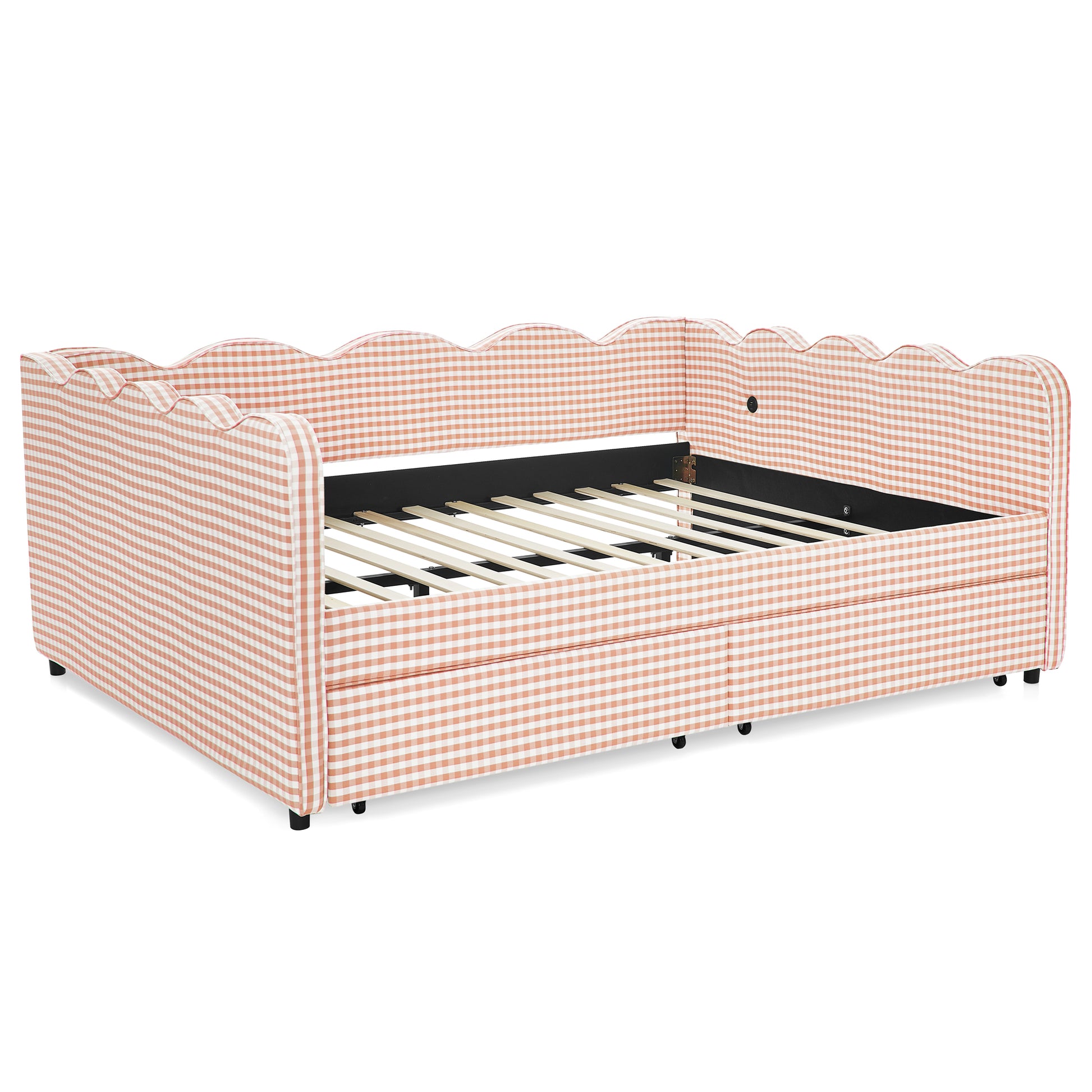 Queen Size Cozy Gingham Daybed with Two Storage Drawers, with USB Port and Adorable Wave Shaped, Linen Fabric image 10