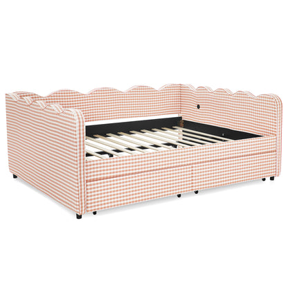 Queen Size Cozy Gingham Daybed with Two Storage Drawers, with USB Port and Adorable Wave Shaped, Linen Fabric image 10
