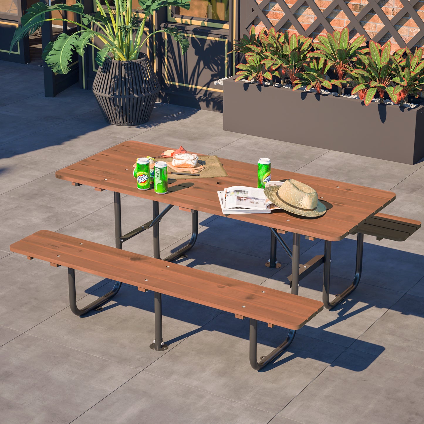 72" Rectangular Outdoor Picnic Table for 6 Person,Heavy Duty Wooden Dining Set with Built-in Benches, 1.97" Umbrella Hole, Waterproof&Corrosion-Resistant, Ideal for Garden, Backyard, BBQ,Courtyardfa image 9