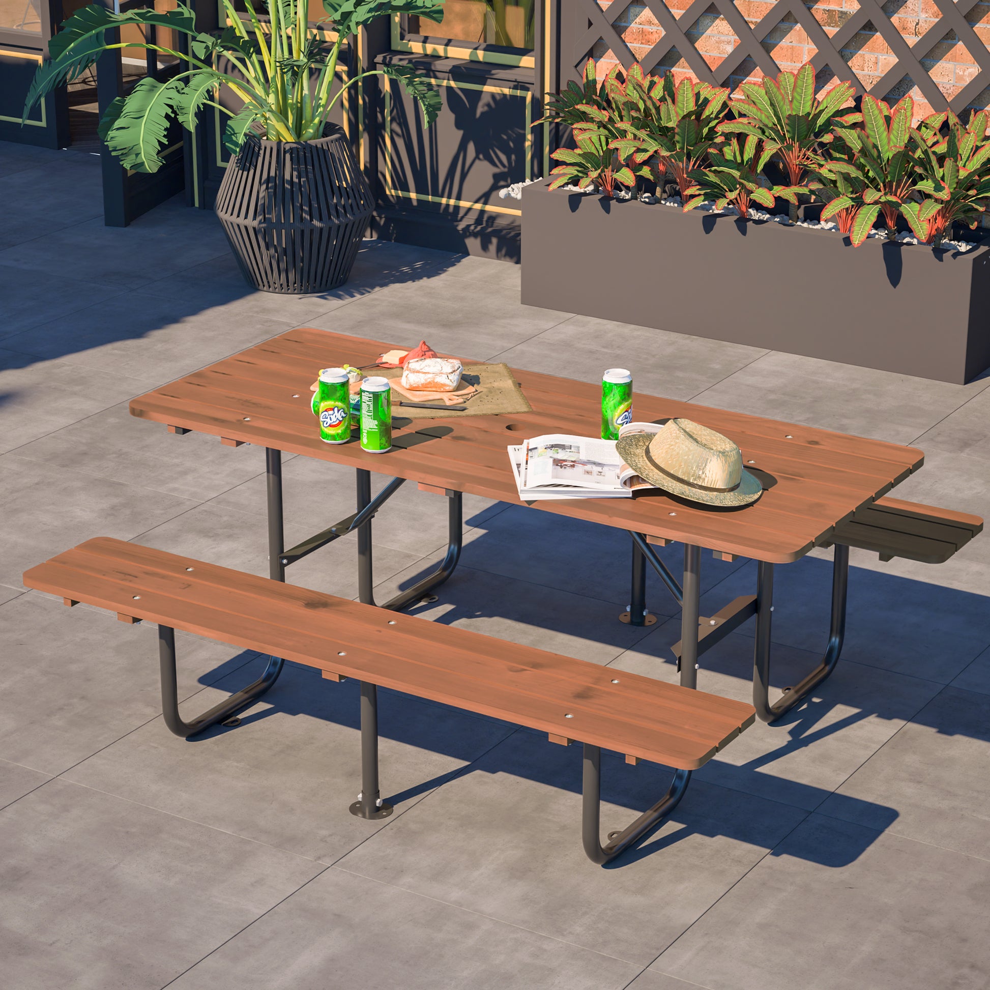 72" Rectangular Outdoor Picnic Table for 6 Person,Heavy Duty Wooden Dining Set with Built-in Benches, 1.97" Umbrella Hole, Waterproof&Corrosion-Resistant, Ideal for Garden, Backyard, BBQ,Courtyardfa image 9