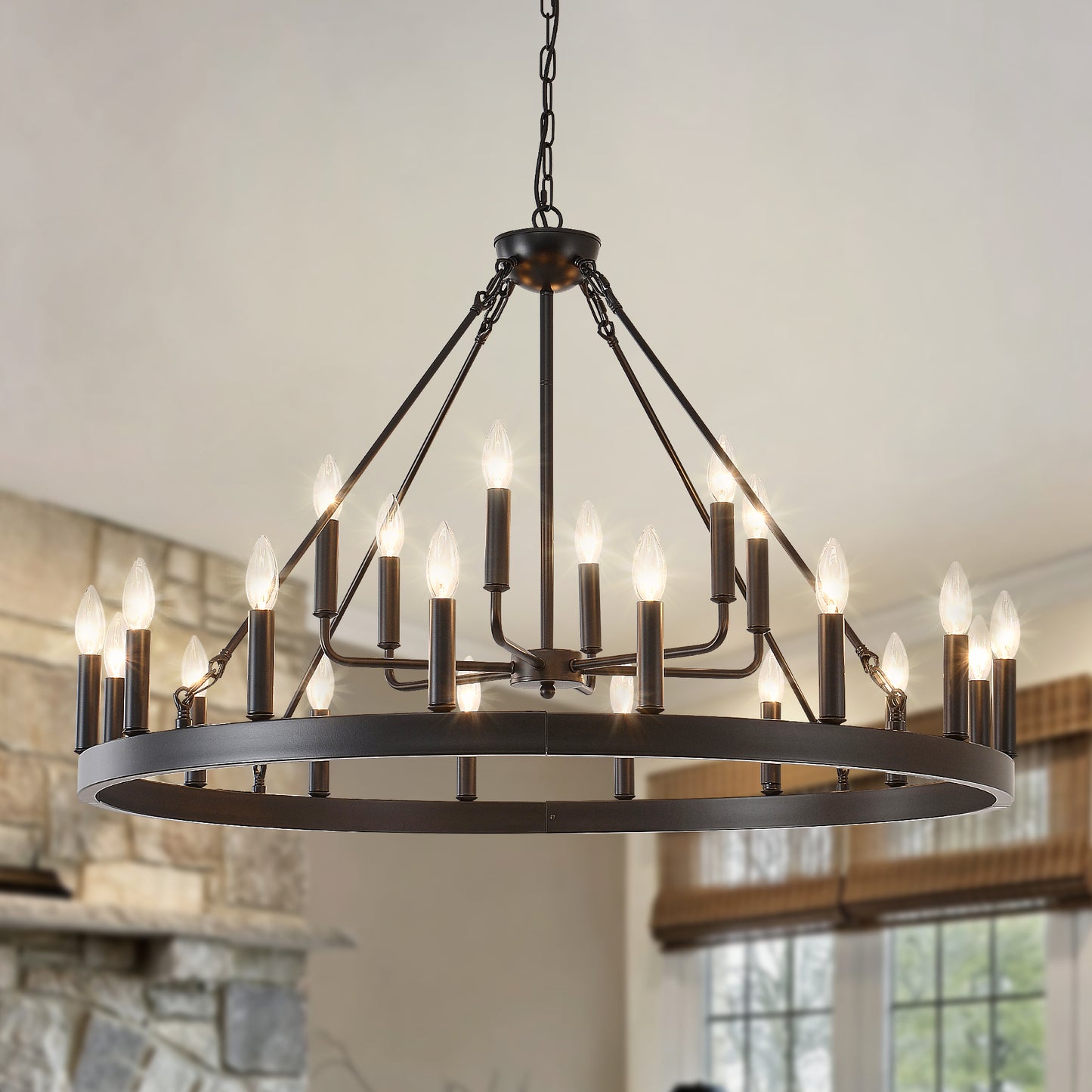 40'' 2 Tier Wagon Wheel Chandelier 16+6)22-Lights Farmhouse Industrial Country Style Round Pendant Light Fixture for Outdoor Porch high Ceilings Living Dining Room Foyer Entryway-BLACK image 1
