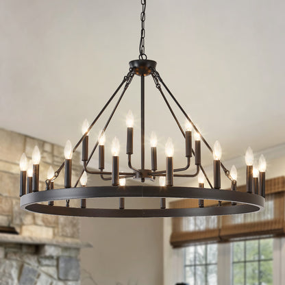 40'' 2 Tier Wagon Wheel Chandelier 16+6)22-Lights Farmhouse Industrial Country Style Round Pendant Light Fixture for Outdoor Porch high Ceilings Living Dining Room Foyer Entryway-BLACK image 1
