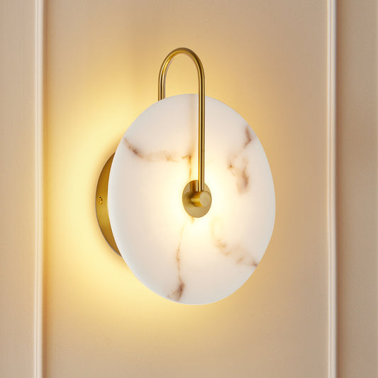 Round Alabaster Wall Sconce, Natural Marble Lampshade Wall Sconce, Hardwired Circular Sconce LED Modern Wall Lamp for Bedroom, Stairs, Living Room, Bedside, Hallway 9.8 Inch Gold image 1
