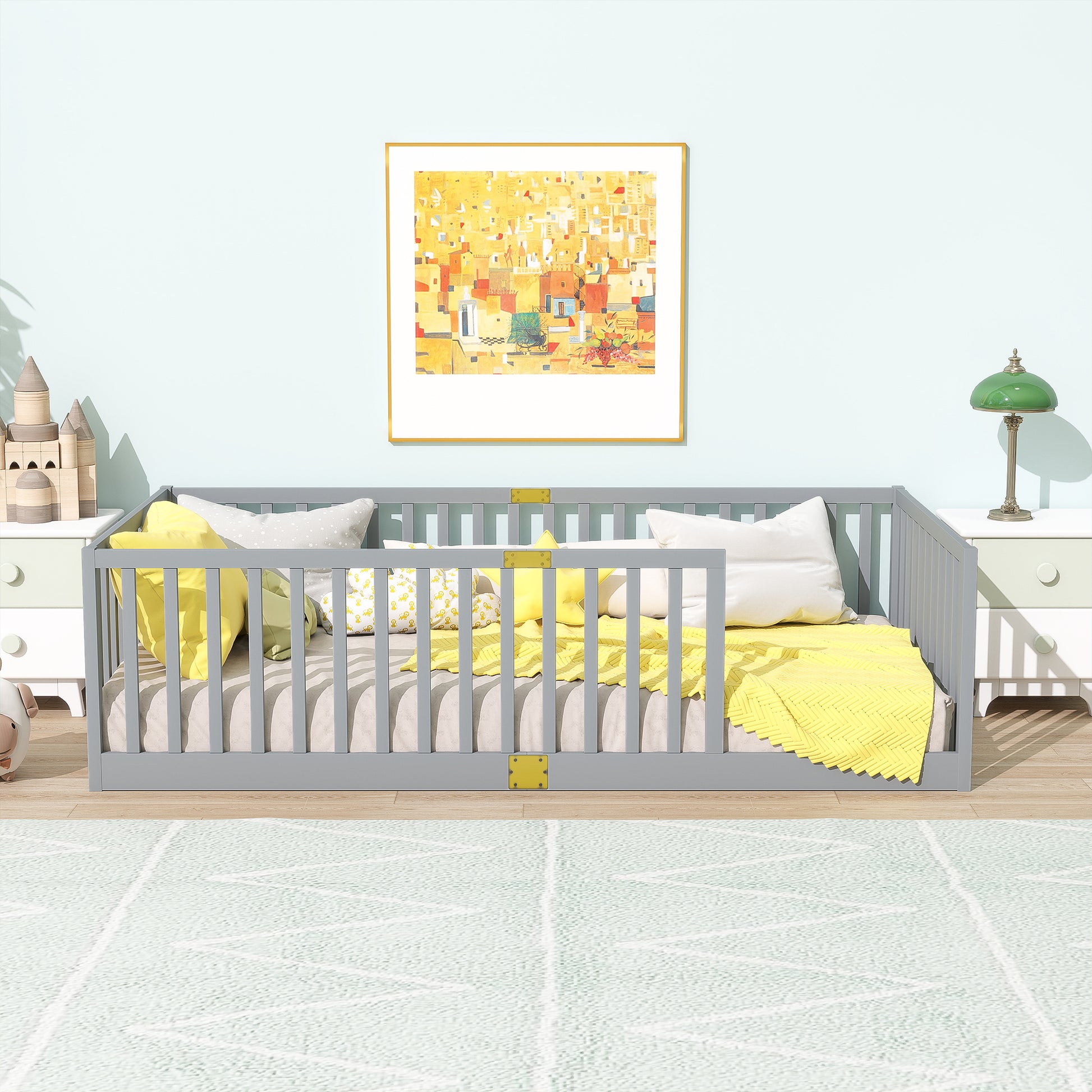 Twin Size Floor Bed with High Fence Railings, 6 Slats Included, Rubber Wood Floor Bed with Safety Guardrails, without Door,Grey image 2