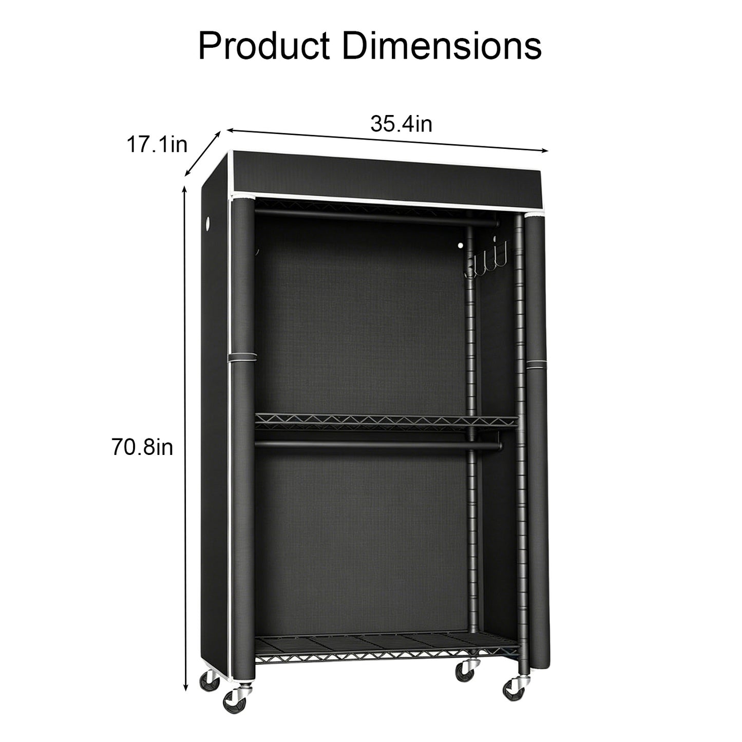 Freestanding Garment Rack with Dust Cover, Single Hanging Rod Metal Clothes Closet with Storage Shelf, Side Hooks & Rolling Wheels, Portable Clothing Wardrobe Organizer for Bedroom Storage image 4