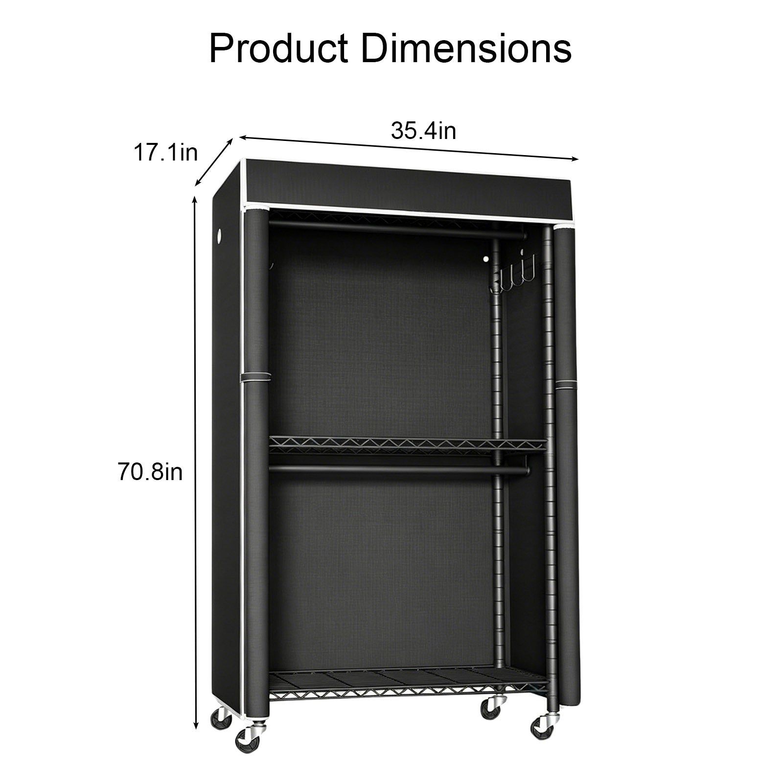Freestanding Garment Rack with Dust Cover, Single Hanging Rod Metal Clothes Closet with Storage Shelf, Side Hooks & Rolling Wheels, Portable Clothing Wardrobe Organizer for Bedroom Storage image 4
