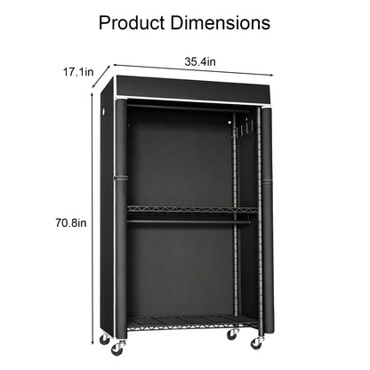 Freestanding Garment Rack with Dust Cover, Single Hanging Rod Metal Clothes Closet with Storage Shelf, Side Hooks & Rolling Wheels, Portable Clothing Wardrobe Organizer for Bedroom Storage image 4