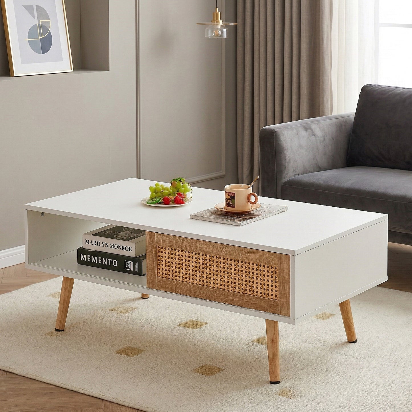 41.34" Rattan Coffee table, sliding door for storage, solid wood legs, Modern table for living room,White image 2