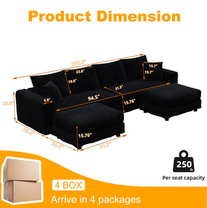 102.4 "Plush Corduroy 4-Seat Sofa,Modern Comfy Upholstered Sofa Cloud Couch,Deep Seat Couches with Soft Pillows and 2 Ottomans,Convertible Sofa Lounge Chair,Black(Old SKU:W1885S00282) image 11