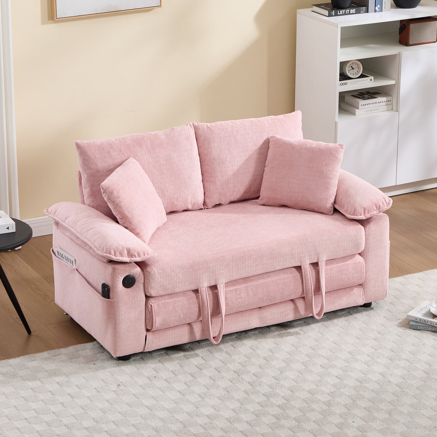 58 inch 3-in-1 Upholstered Futon Sofa Convertible Floor Sofa bed,Foldable Tufted Loveseat with Pull Out Sleeper Couch Bed,Folding Mattres Love Seat Daybed W/Side Pockets for Living Room Pink image 4