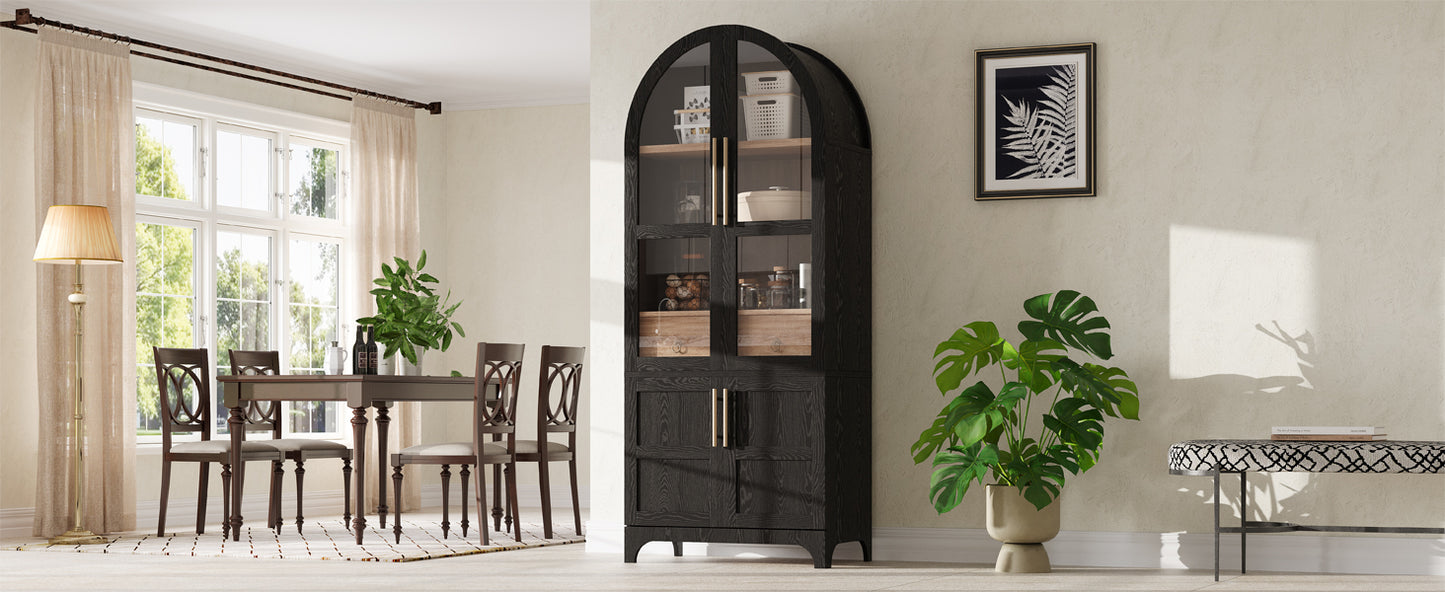 K&K 71" Tall Arched Kitchen Pantry Cabinet with Door Shelves, Farmhouse Kitchen Storage Cabinet with Open & Adjustable Shelves, Hidden Drawer & Glass Door, Cupboard for Kitchen, Dining Room, Black image 10