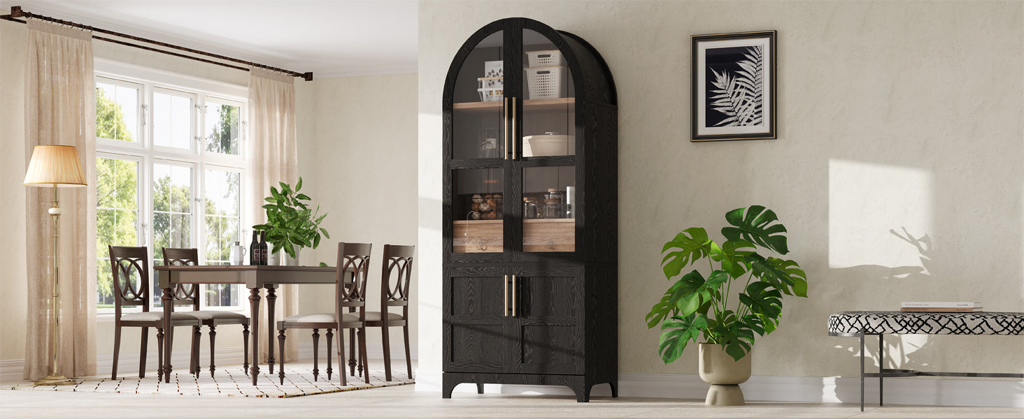 K&K 71" Tall Arched Kitchen Pantry Cabinet with Door Shelves, Farmhouse Kitchen Storage Cabinet with Open & Adjustable Shelves, Hidden Drawer & Glass Door, Cupboard for Kitchen, Dining Room, Black image 10