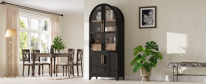 K&K 71" Tall Arched Kitchen Pantry Cabinet with Door Shelves, Farmhouse Kitchen Storage Cabinet with Open & Adjustable Shelves, Hidden Drawer & Glass Door, Cupboard for Kitchen, Dining Room, Black image 10