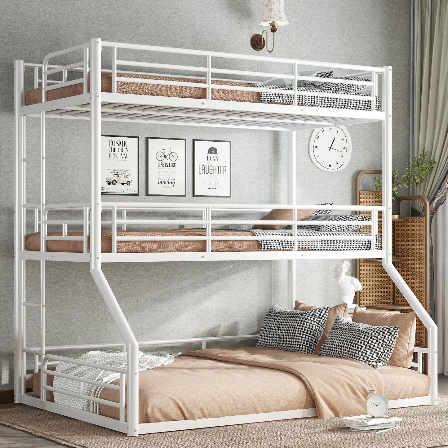 Twin over Twin over Full Bunk Bed, Metal Triple Bunk Bed with Safety Guardrails, Heavy-duty Bunk Bed with Noise-reduced Design, White image 1