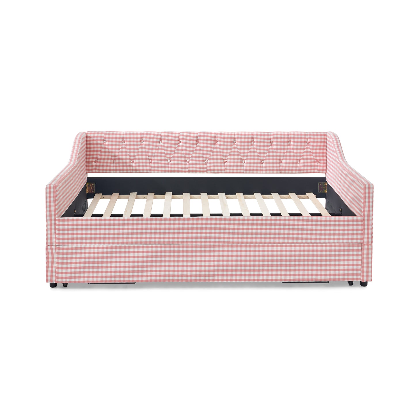 Full‑Size Daybed,Upholstered Convertible Daybed with Tufted Button Backrest, 3‑in‑1 Versatile Sofa Bed with Pull‑Out Trundle & Side Storage, Perfect for Compact Living-Pink image 10