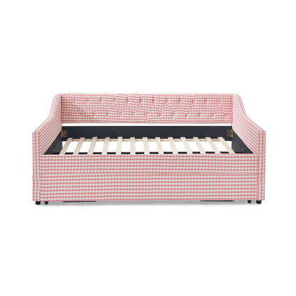 Full‑Size Daybed,Upholstered Convertible Daybed with Tufted Button Backrest, 3‑in‑1 Versatile Sofa Bed with Pull‑Out Trundle & Side Storage, Perfect for Compact Living-Pink image 10