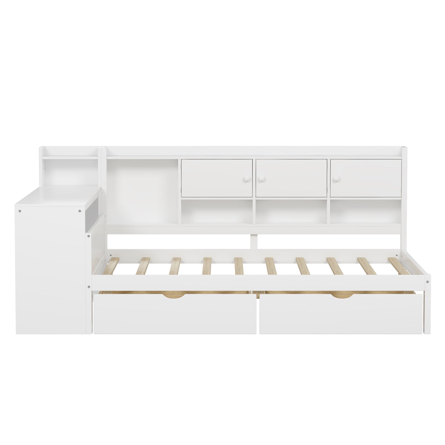 Full Size Wooden L-Shape Daybed with Seven Storage Cabinets and Two Storage Drawers, Multi-functional Bed with Study Desk and Built-in Bookshelf, White(old SKU: N733S247077K) image 3