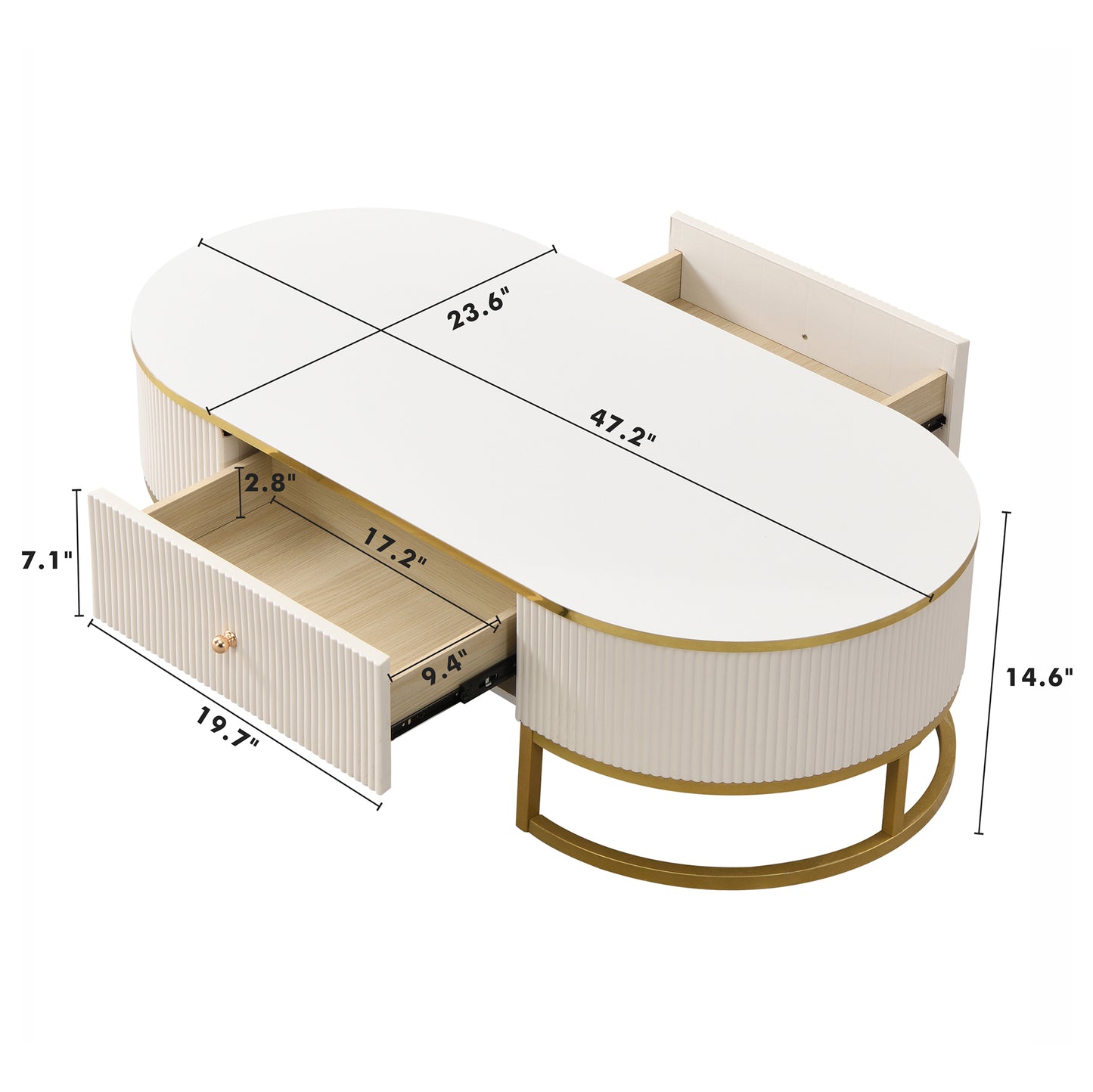 Modern Oval Coffee Table with Drawers,Curved Profile Design, Gold Metal Decor, Center Table for Living Room in 47.2" image 7