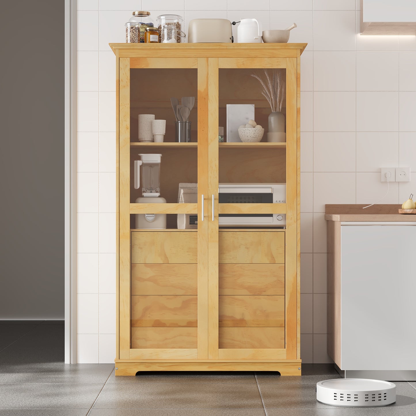 TOPMAX 44.7x20x75inch Kitchen Pantry, Freestanding Kitchen Storage Cabinet Display Cabinet with Glass Doors and 4 Built-in Drawers for Living Room, Home Office, Natural image 6