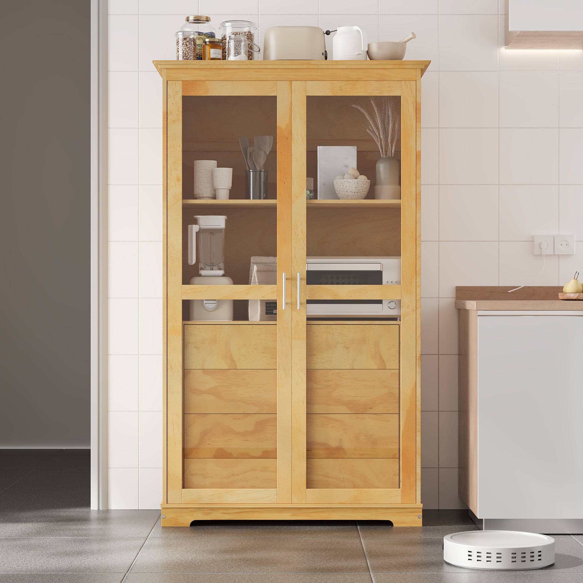 TOPMAX 44.7x20x75inch Kitchen Pantry, Freestanding Kitchen Storage Cabinet Display Cabinet with Glass Doors and 4 Built-in Drawers for Living Room, Home Office, Natural image 6