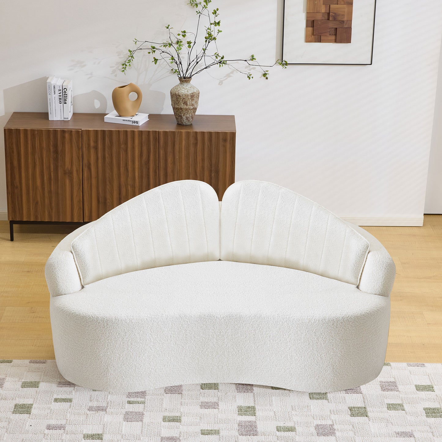 Curved two-seater fully compressed sofa, long-term sitting without collapse, removable backrest, white chenille fabric, simple, retro style, suitable for small spaces and apartments image 1