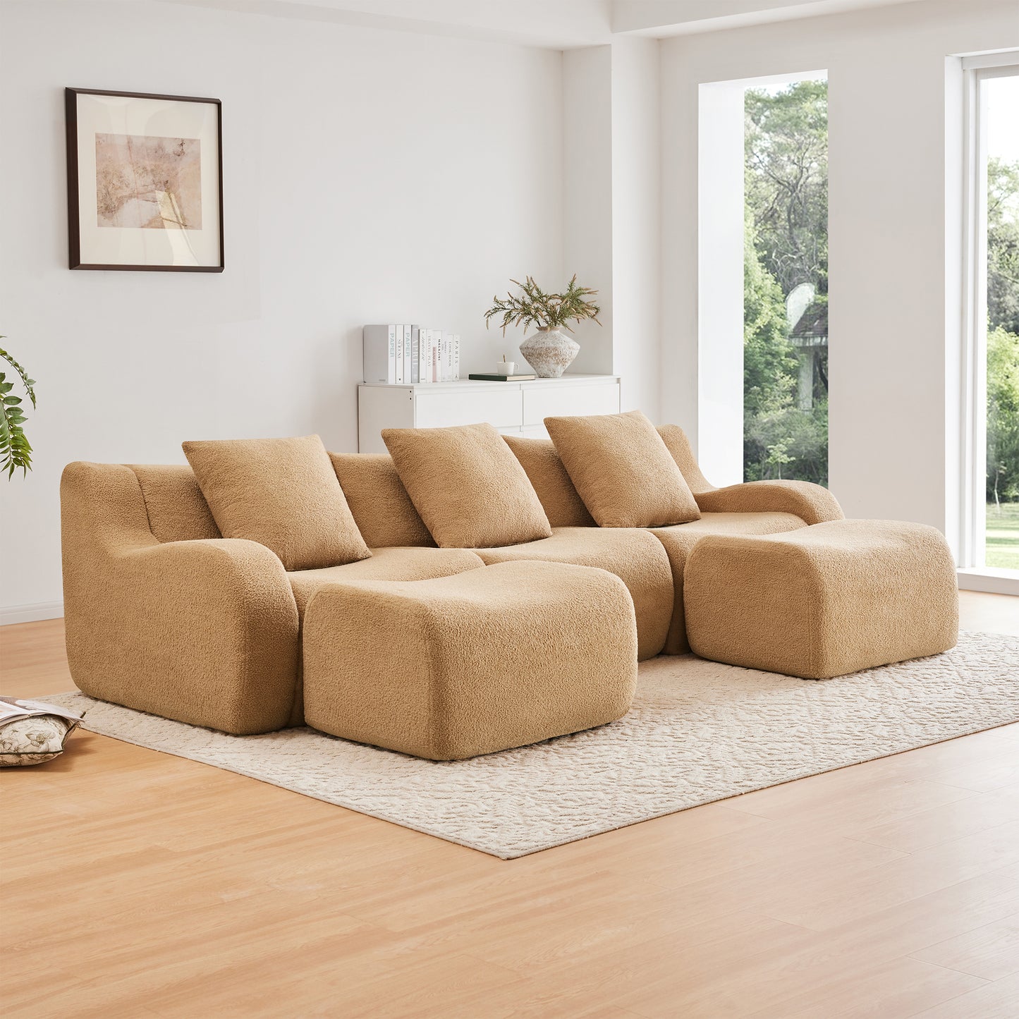 U-shaped Soft Teddy Fabric Boneless Sofa, Assembly Chaise,No Assembly Required Curved Armrest,Anti-Slip Design 32D High Density Sponge Streamlined Design,Fits Living Rooms Reading Nook,Camel image 1