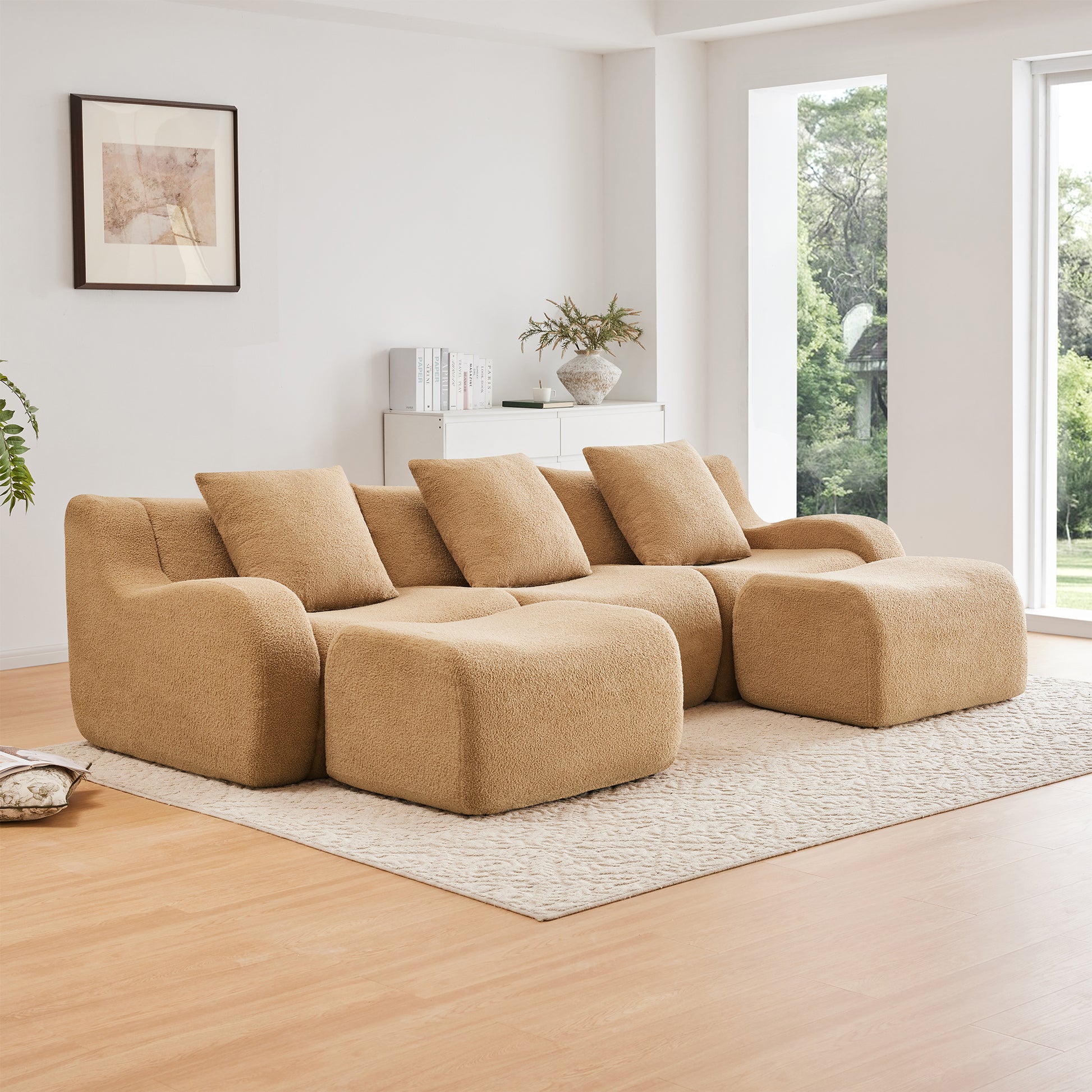 U-shaped Soft Teddy Fabric Boneless Sofa, Assembly Chaise,No Assembly Required Curved Armrest,Anti-Slip Design 32D High Density Sponge Streamlined Design,Fits Living Rooms Reading Nook,Camel image 1