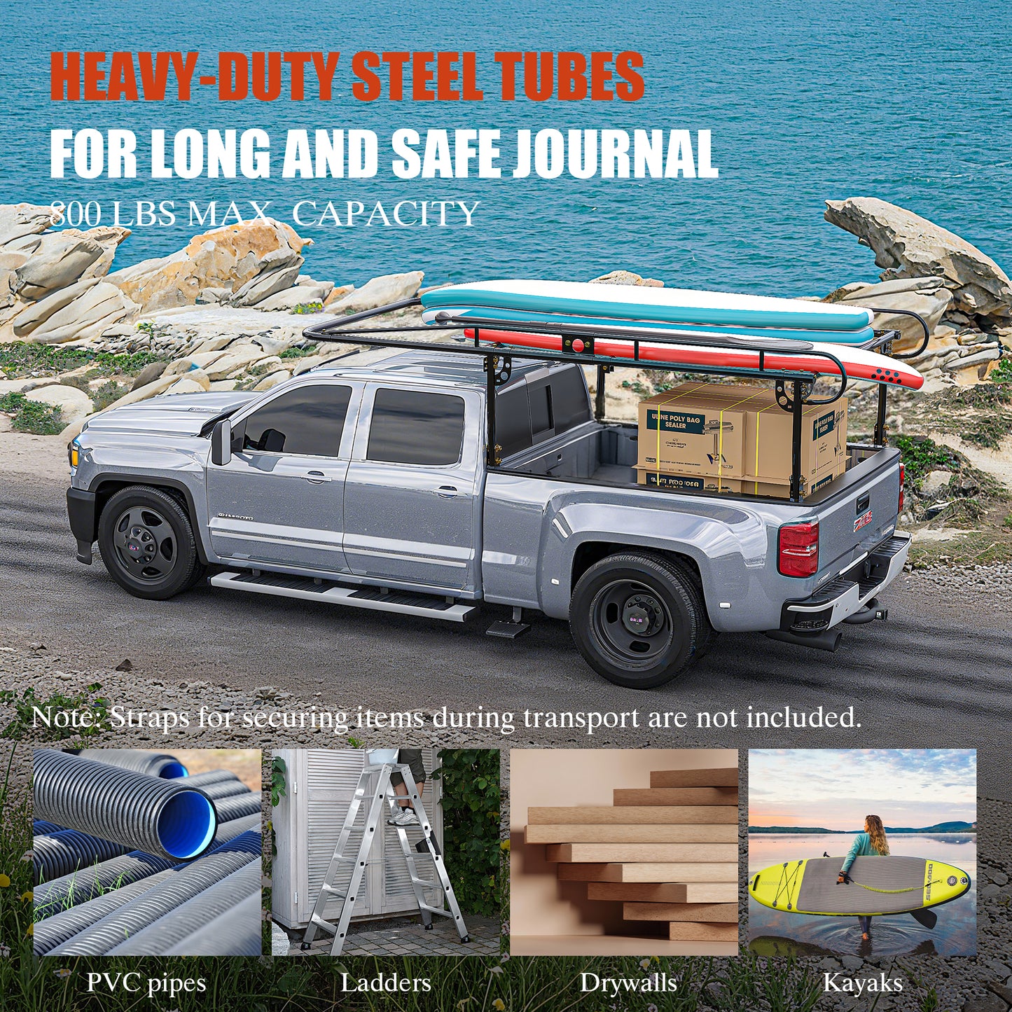 Universal steel over-cab truck bed rack contractor pickup lumber full size rack adjustable for kayak, ladder, surfboard, lumber image 2