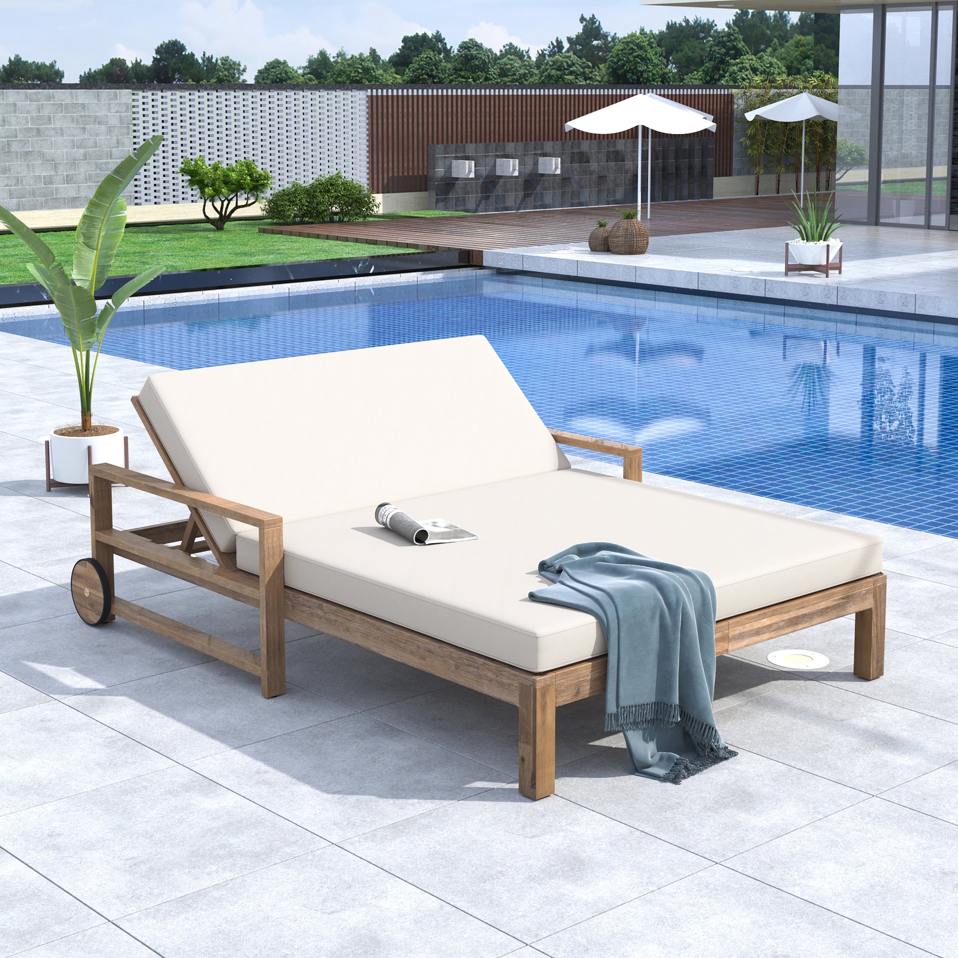 TREXM 1-Piece Farmhouse-styled Wooden Outdoor Sunbed for Ultimate Relaxation Outdoor Daybed Seating 2 People for Poolside, Garden and Backyard (Beige) image 1
