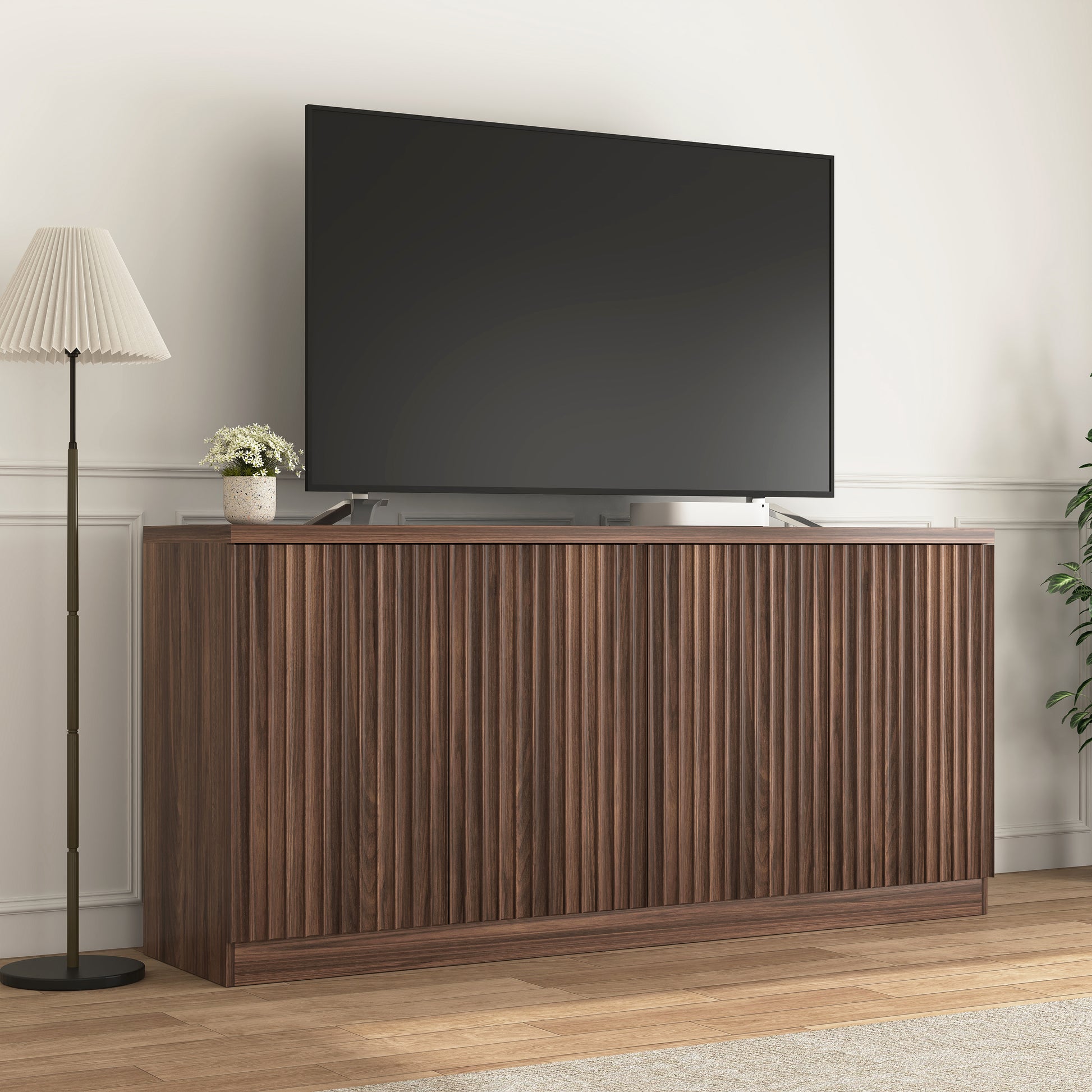 Buffet Cabinet with Storage, 62.60" Sideboard Cabinet with 4 Doors & Shelves, Wooden Kitchen Coffee Bar Credenza Storage for Living Room, Hallway Walnut image 11