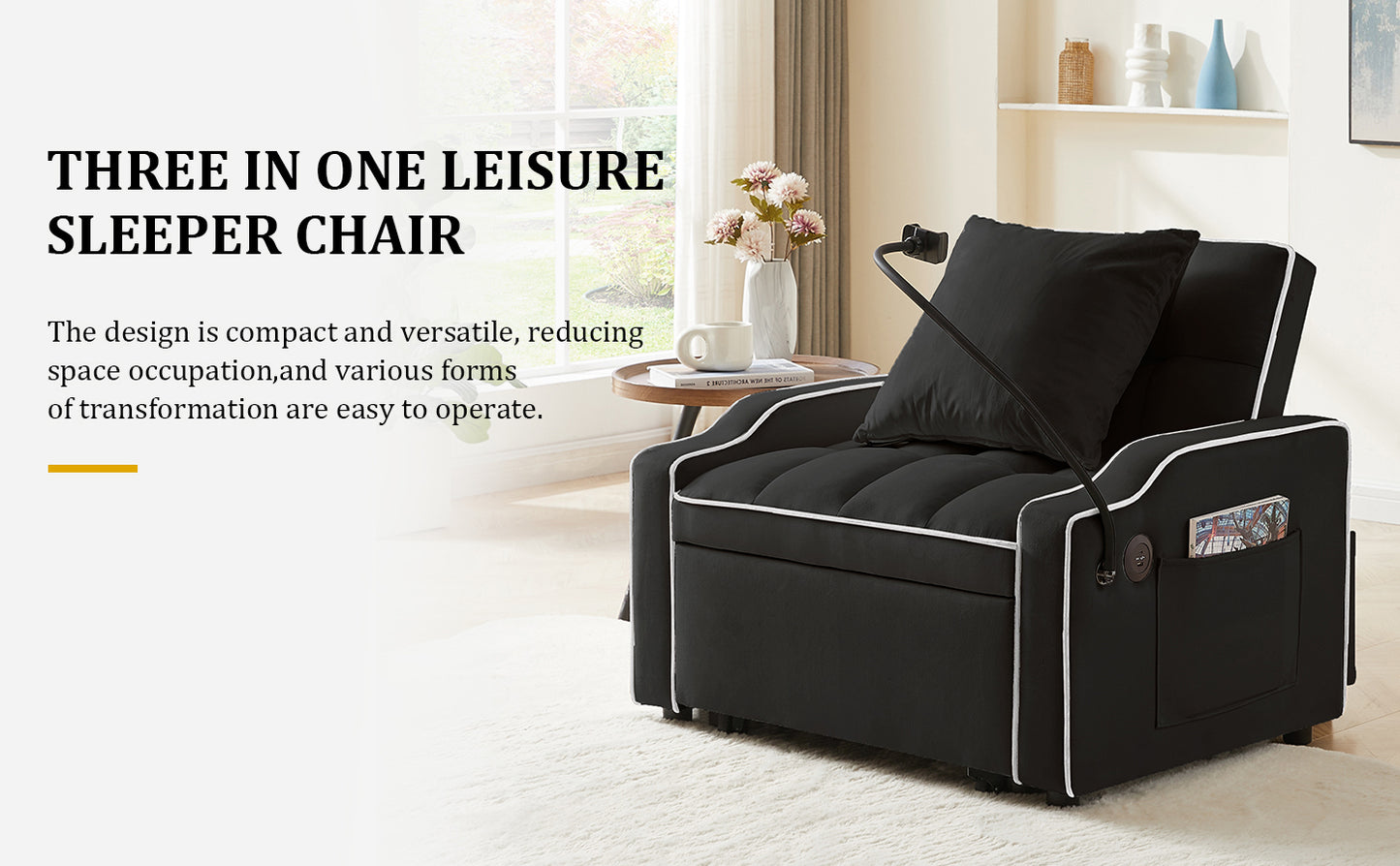 Sleeper Sofa Chair Bed, 3 In 1 Convertible Sofa Chair With With Adjustable Backrest & Phone Holder & USB, Type-C, Adjustable Recliner, Armchair For Living Room Bedroom Apartment Small Space, Black image 10