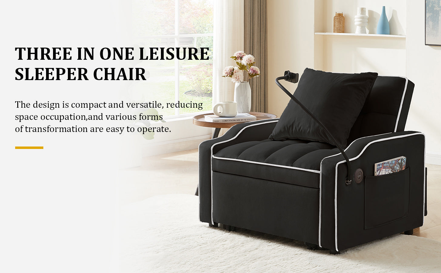 Sleeper Sofa Chair Bed, 3 In 1 Convertible Sofa Chair With With Adjustable Backrest & Phone Holder & USB, Type-C, Adjustable Recliner, Armchair For Living Room Bedroom Apartment Small Space, Black image 10