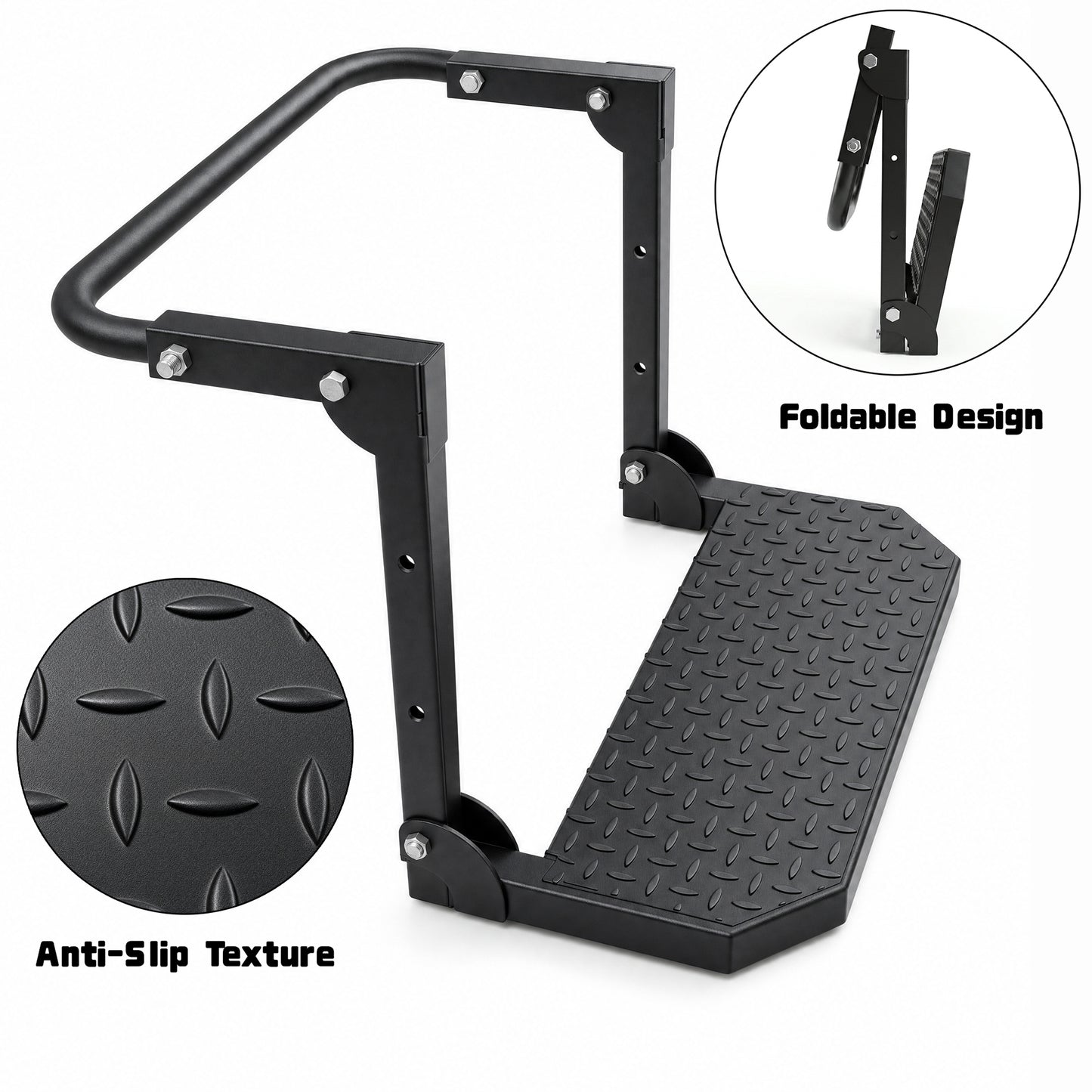 Universal Folding Tire Mounted Step Heavy Duty Adjustable Foldable Side Step for Truck SUV and RV Fit Most 10.2inch - 14.4inchTires Anti-Slip Raised Texture 300Lbs Load Bearing Black image 4