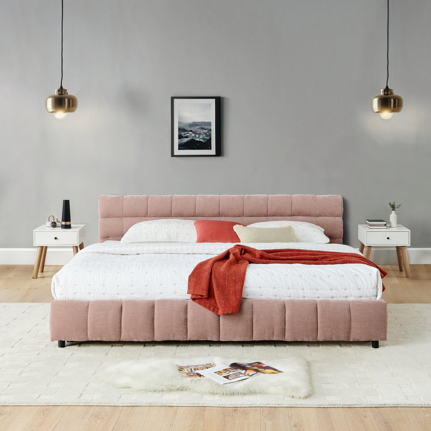California King size Upholstered Bed,comfortable upholstered bed frame, Chenille fabric, with headboard and solid bed frame. With drawer for storage.-Pink(90.5''*80.5''*31'') image 6