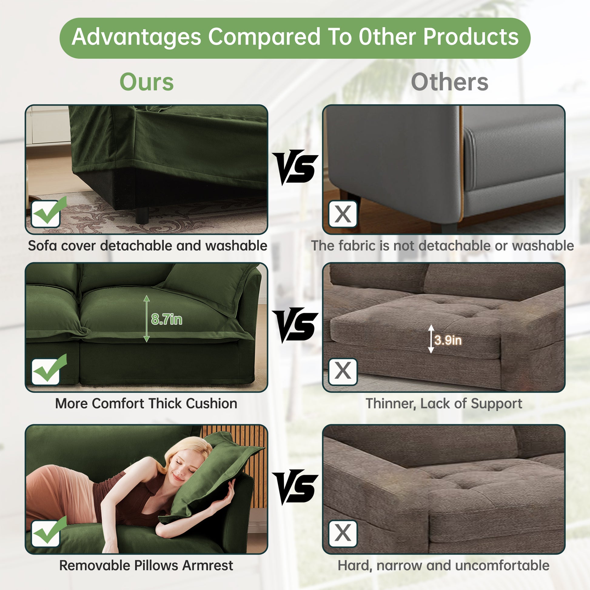 Modern Slipcovered 2-Seat Sofa Couches for Living Room, 2 Seater Sofa, Plain Chenille Deep Seat Sofa with Upholstered Cushion&Detachable Cover, Comfy Sofa Couch for Small Space, Apartment, Green image 9