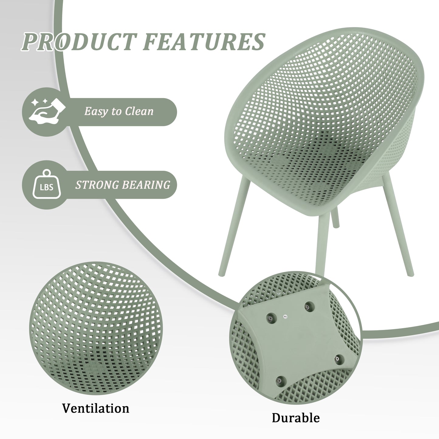 Summer - 2-Pack Pale Green Modern Lounge Chairs – Indoor/Outdoor All-Weather PP Plastic with 36 Inch Indoor/Outdoor Modern White Round PP Table image 10