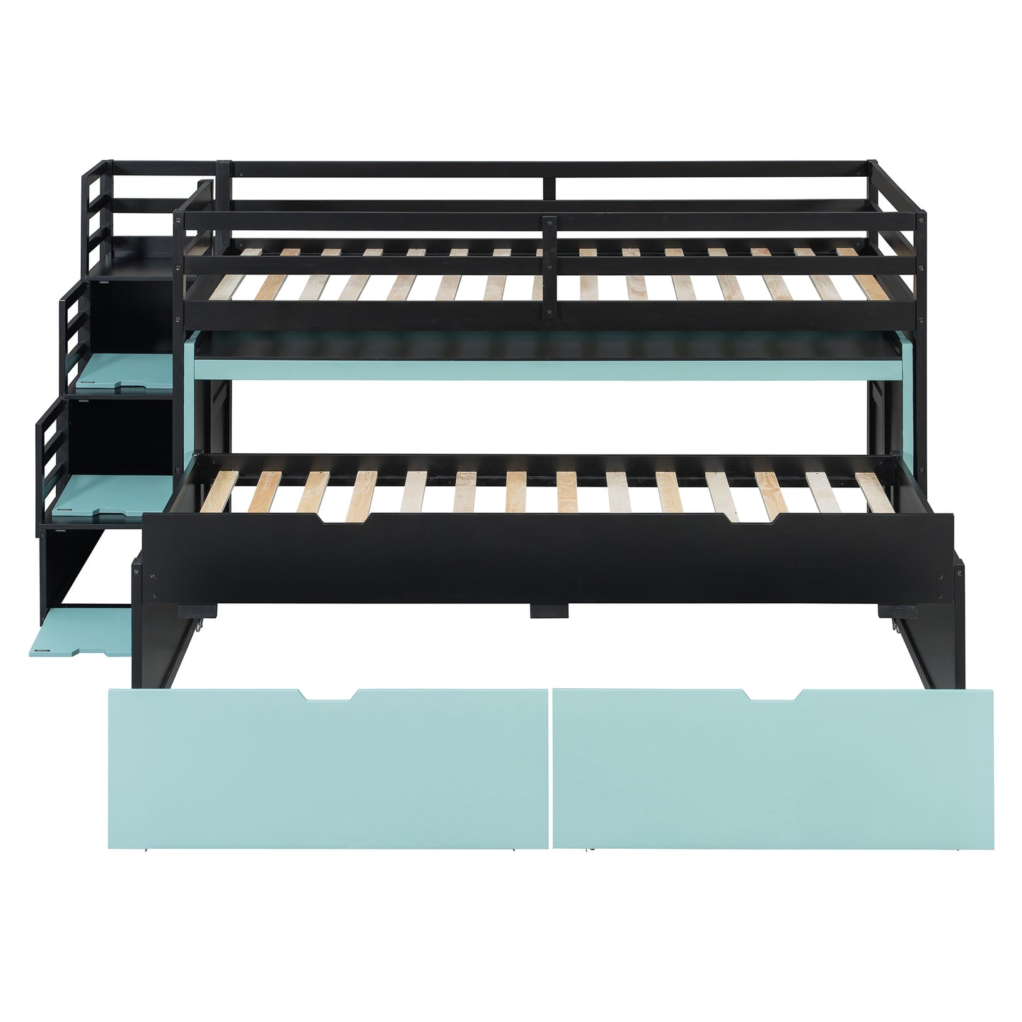 Twin XL Loft Bed with Pull-Out Desk and Twin Trundle, Multi-Functional Bunk Bed with 2 Storage Drawers and Storage Steps, Space-Saving Gaming & Workstation Bedframe, Black+Blue image 10