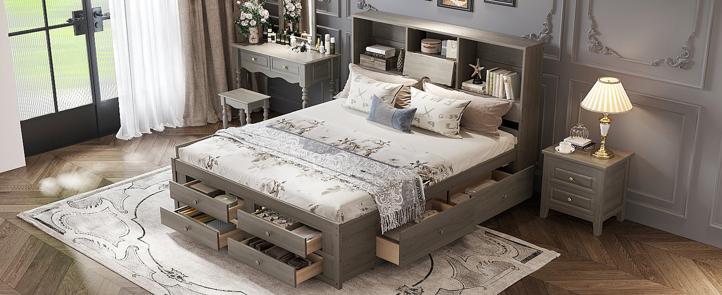King Size Platform Bed with Storage Headboard and 8 Drawers, Gray image 10