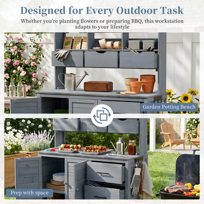 (With Assembly Video) TOPMAX Farmhouse Patio Potting Bench, 44.6''x19.5'' Large Freestanding Garden Workstation with 6 Drawers, Bottom Cabinet and Side Hook, Outdoor Kitchen Island, Gray image 3