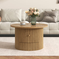Round Coffee Table for Living Room in Natural, Farmhouse Coffee Table with a Drawer,  Center Table with Vertical Slat Base in 30.5"