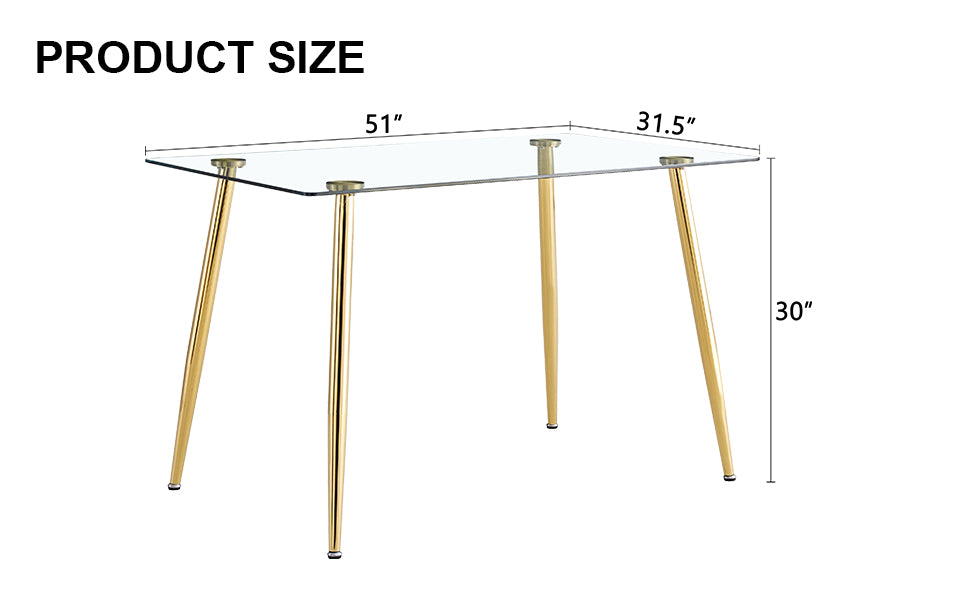 Modern Minimalist Rectangular Glass Dining Table for 4-6 with 0.31" Tempered Glass Tabletop and Golden plating Metal Legs, Writing Table Desk, 51" *31"*30".W1151S03746/W1151S03724 image 4