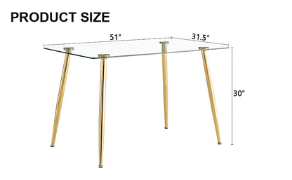 Modern Minimalist Rectangular Glass Dining Table for 4-6 with 0.31" Tempered Glass Tabletop and Golden plating Metal Legs, Writing Table Desk, 51" *31"*30".W1151S03746/W1151S03724 image 4